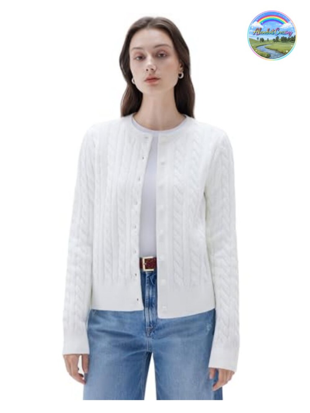 Cable Knit Cashmere Blend Sweater Button Up Chunky Cardigan Crew Neck